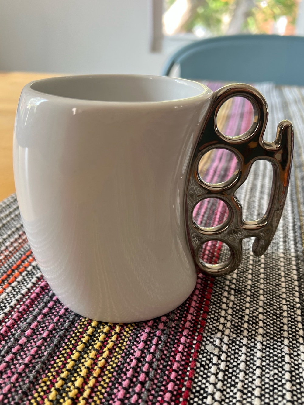 Brass Knuckles Shaped White Ceramic Coffee Mug 2009 Knockout by Fred & Friends